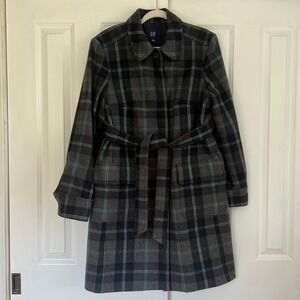 GAP Plaid Wool Blend Belted Midi Coat Jacket Overcoat Women's Size XL